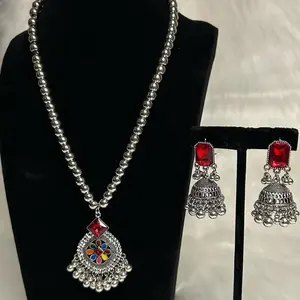 Unique Oxidized Pendant Set With Jhumka