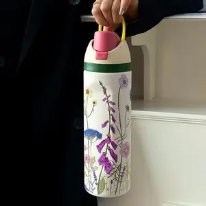 Stainless Steel Vacuum Flask, Leakproof Tumbler, Bow Pattern Design, Portable Insulated Water Bottle with Straw, Leakproof & Durable for Daily Use