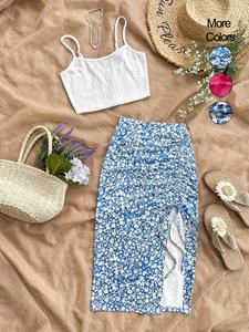 women's solid crop cami top & ditsy floral print skirt two-piece set, casual fashion cozy bohemian two piece set for daily outdoor wear, ladies clothes for summer, womenswear, boho skirts sets, boho outfit sets