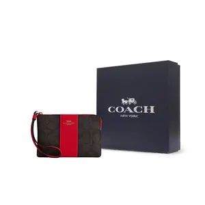 COACH Corner Zip 16 Wristlet Clutch Bag for Women – Walnut and Crimson Faux Leather with Genuine Leather Trim