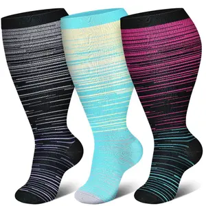 3 Pairs Plus Size Unisex Compression Socks, Elegant Striped Classic Style, Breathable Sweat-Wicking Wide Calf Stockings for Sports and Casual Daily Use