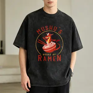 Men's Vintage Washed T-Shirt Mushu's House Of Ramen Oversized Graphic Tee Outdoor Casual Short Sleeve