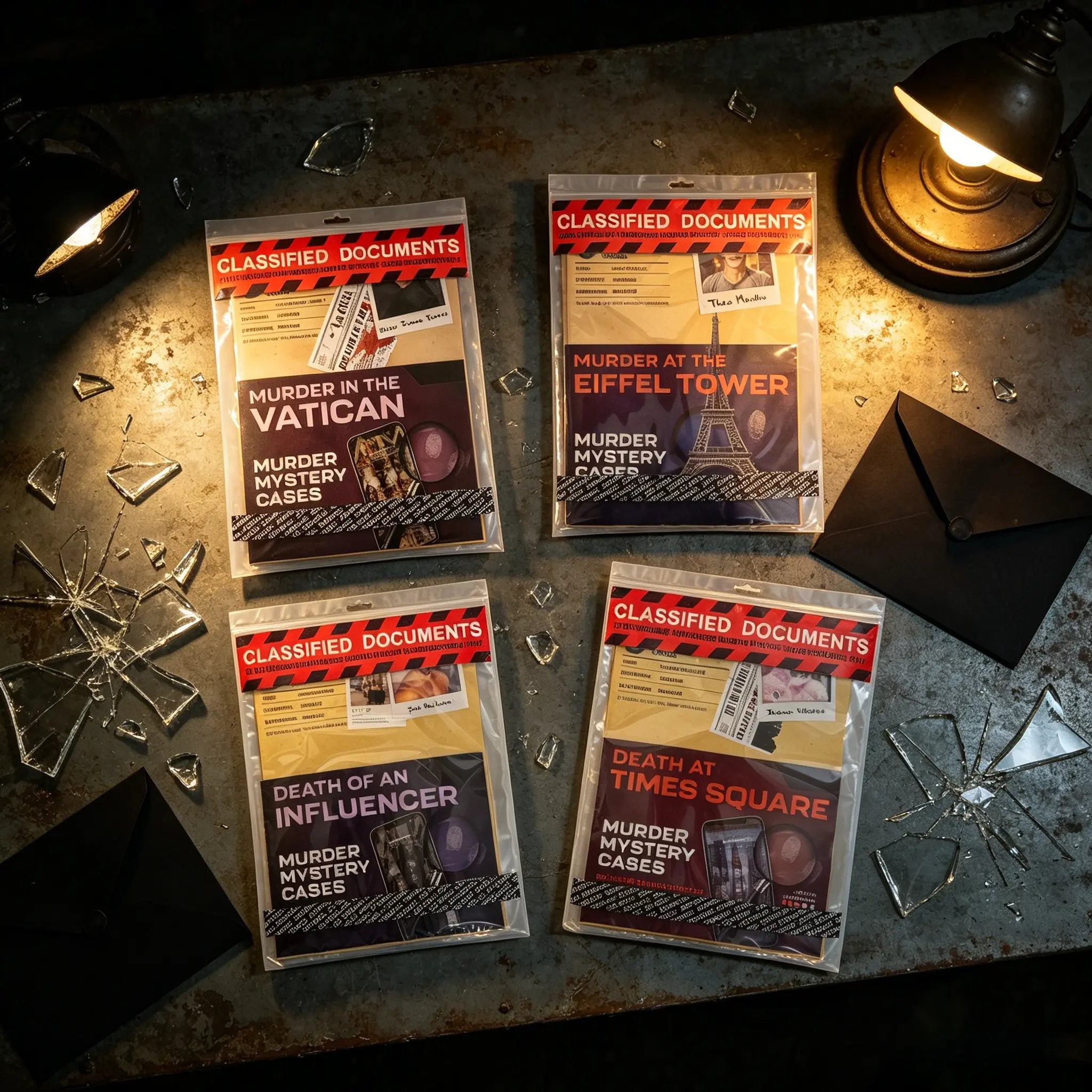 Collection of multiple cases - Thrilling Murder Mystery Games Deck Game Bundle Card Game Sets. BE THE DETECTIVE, CRACK THE CASE - including Documents, crime scene photos, an autopsy report, police transcripts, and suspect profiles.