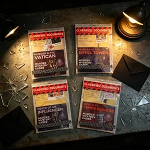 Collection of multiple cases - Thrilling Murder Mystery Games. BE THE DETECTIVE, CRACK THE CASE - including crime scene photos, an autopsy report, police transcripts, and suspect profiles.