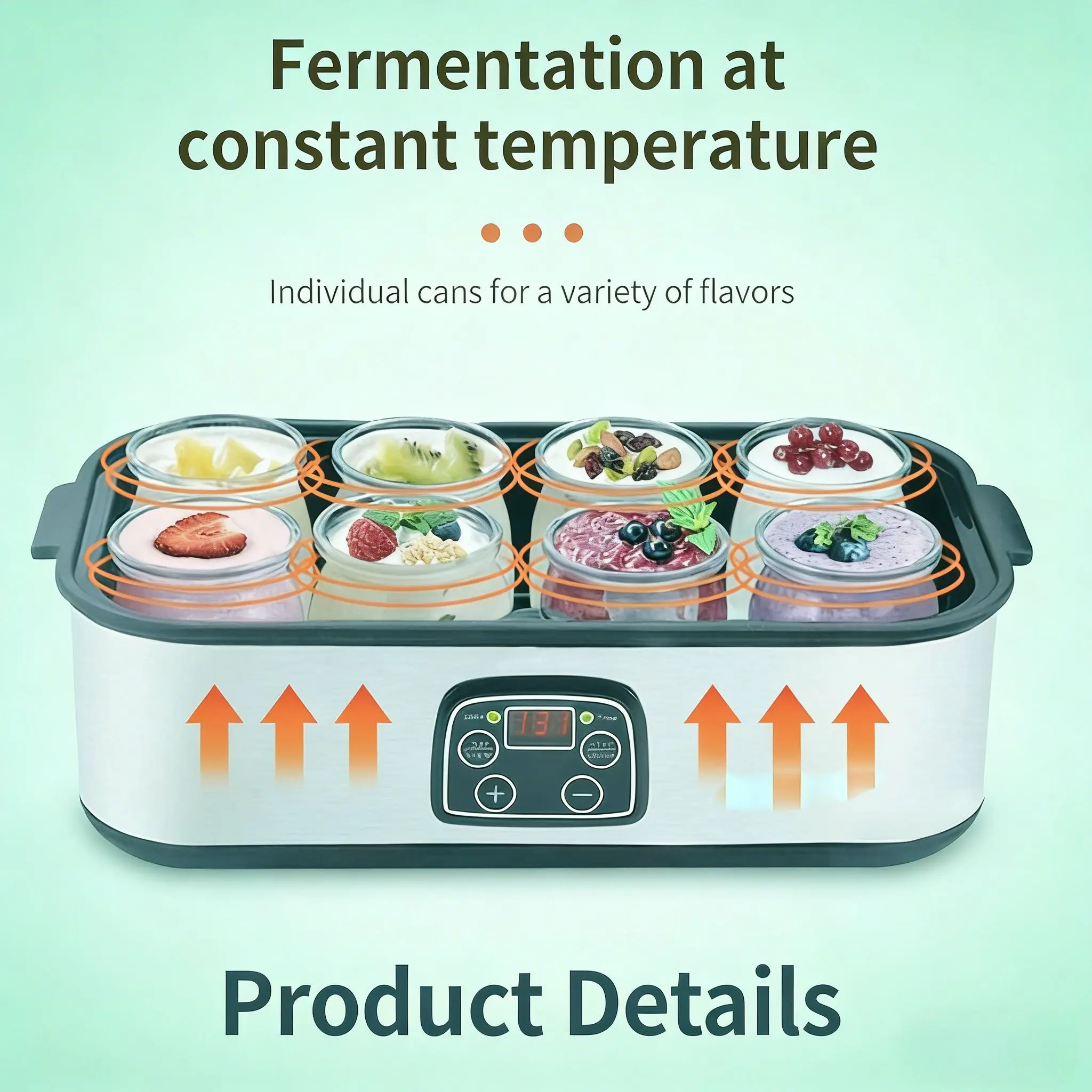 Constant Temperature Countertop Electric Yogurt Maker for Kitchen - 8 Individual Stainless Steel Jars Fermenter with 5 Free Gifts: Bottle Opener, Egg Separator, Dish Sponge, Cleaning Cloth, Jam Spreader (Supports No Preservatives Preparation)
