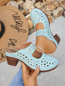 Women's Cutout Closed Toe Platform Mules, Chunky Heel Wooden Grain Sole, Retro Summer Slide Sandals, PU Upper Material