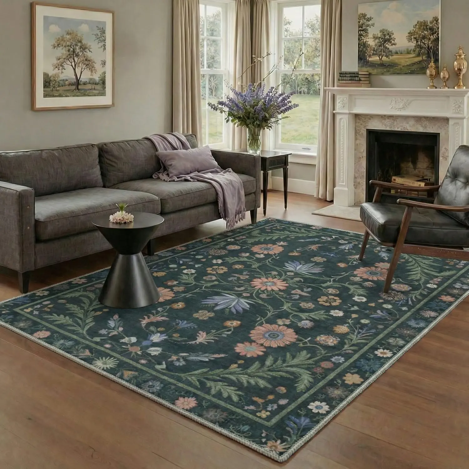 【Deals For You Days】GENIMO Rug with Non Slip Backing, Machine Washable Low Pile Lightweight Print Runner for Hallway Kitchen Laundry Room Bedroom Bathroom, Floral Foliage, Deep Teal