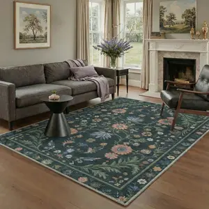 【Summervibes】GENIMO Rug with Non Slip Backing, Machine Washable Low Pile Lightweight Print Runner for Hallway Kitchen Laundry Room Bedroom Bathroom, Floral Foliage, Deep Teal