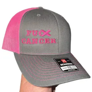 Richardson Fu Cancer Adjustable Trucker Hat Grey Pink Embroidered Cap