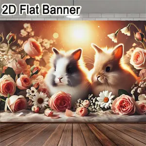 2D flat banner, 1pcCharming rabbit and flower-themed backdrop, perfect for spring celebrations, garden parties, photography settings, indoor decorations, or whimsical nursery decor. Ideal for creating a serene and dreamy atmosphere. Available in mu