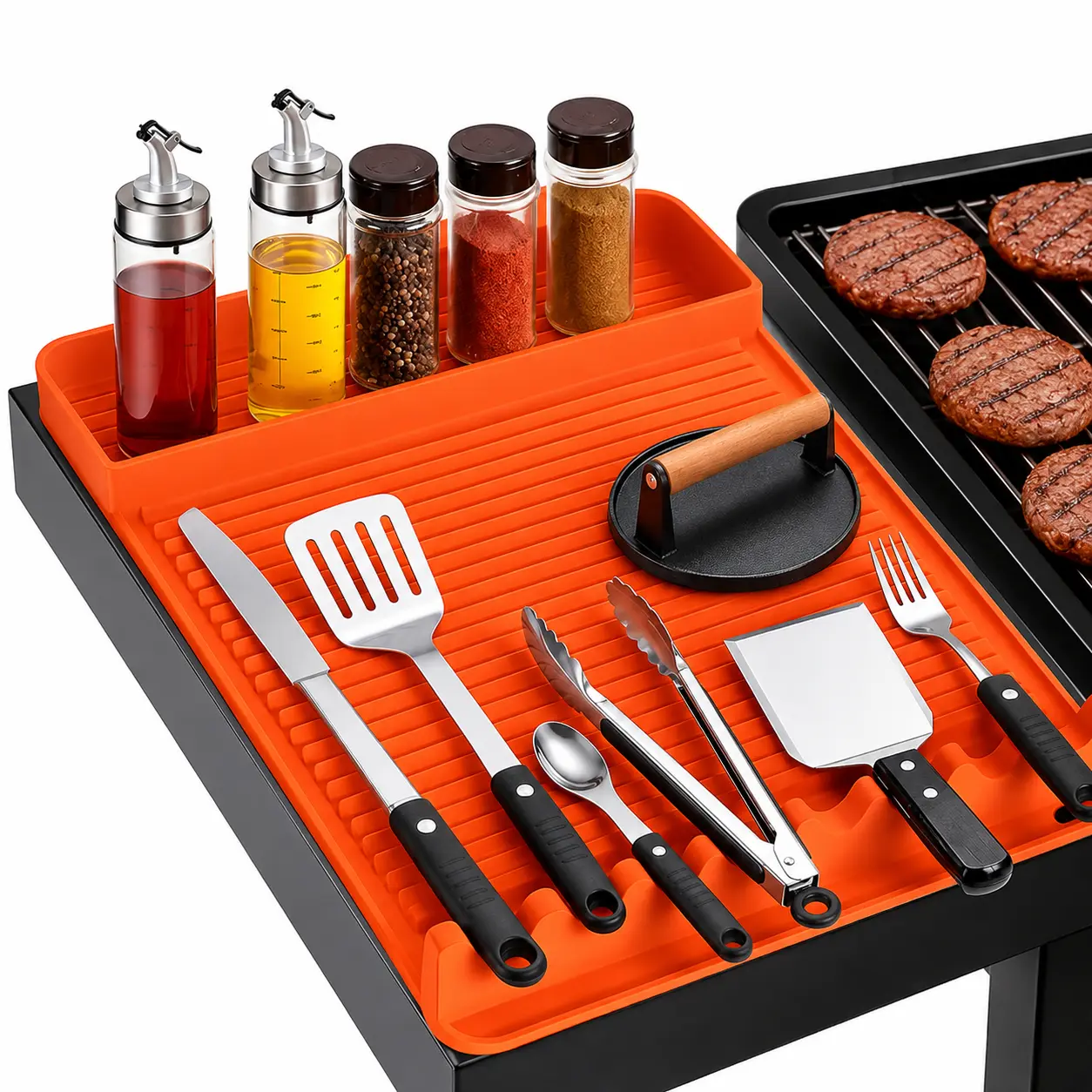 2-Pack Orange Rectangular Heatproof Silicone Grill Mats (16x11.5in), Non-Slip Griddle Utensil Mats, Outdoor BBQ Patio Table Accessories for Camping Cooking, Two-Pack