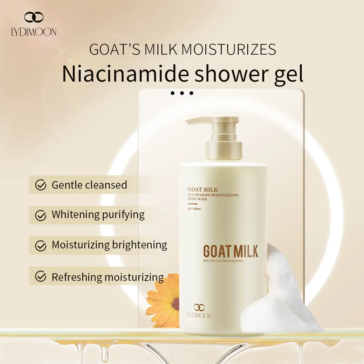 LYDIMOON Goat Milk Niacinamide Body Wash | Hydrating Glow Formula for Soft, Smooth, Radiant Skin 500ml