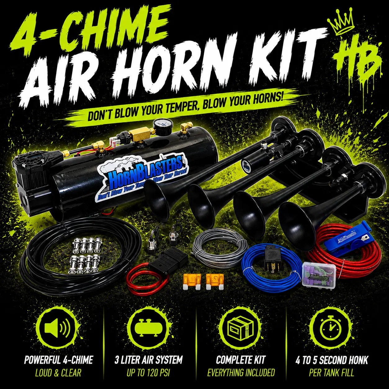 HornBlasters 4-Chime 3-Liter Air Horn Kit | 12-Volt DC | 120 PSI 3-Liter Air System HornBlasters 4-Chime 3-Liter Air Horn Kit | 12-Volt DC | 120 PSI 3-Liter Air System