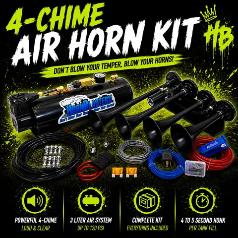 HornBlasters 4-Chime 3-Liter Automotive Air Horn Kit with Compressor, 12VDC Power, Truck Upgrade, Vehicle Exterior Accessory, 1/4" Valve Ready, 120 PSI Blast, Pre-Wired, 18A Max Draw, All Fittings & Mounting Hardware Included, Instructions Included