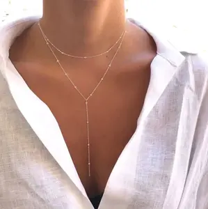 Women's Dainty Long Y-Shaped Pendant Necklace, Trendy Layered CZ Beaded Chain & Link Necklace with Rhinestone Accents, Female Daily Gold Costume Jewelry Gift