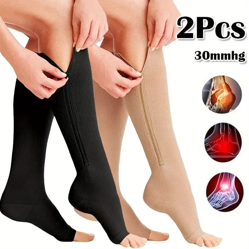 Unisex Compression Socks, 2-Piece (1 Pair) for Men & Women - Comfortable Breathable Nylon-Polyester Blend - Supportive Design with Side Zipper - Healthcare Black Sports Socks, Unisex Socks