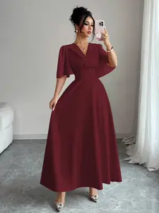 New Women's Stand Collar Front Waist Gathered Back Belt Lightweight Chiffon Patchwork Pleated Sleeve Dress, Casual Elegant Daily Wear