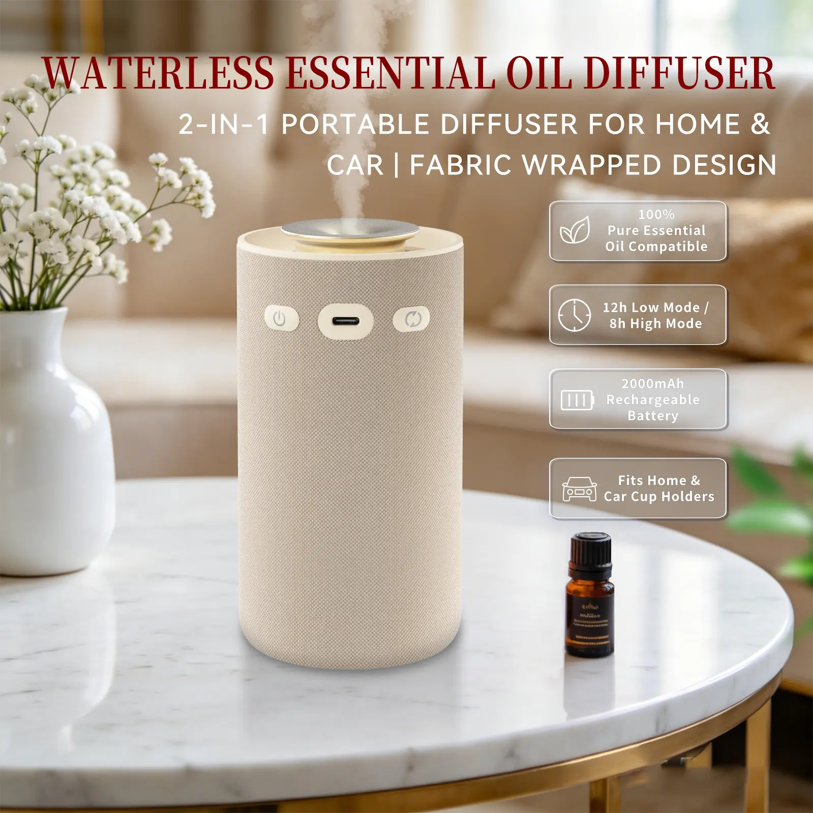 COZYICE Waterless Essential Oil Diffuser for Home, Car & Office, Whisper-Quiet Fragrance Nebulizer, Fabric-Wrapped, Type-C Rechargeable, Auto Start-Stop & Ambient Light, Fits 5/10/15ml Oils