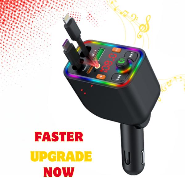 Hexibii 5-in-1 Car Wireless Audio Player Dual Retractable Cables Type-C Option Starry Sky LED Projector 4 Ports Fast Cha