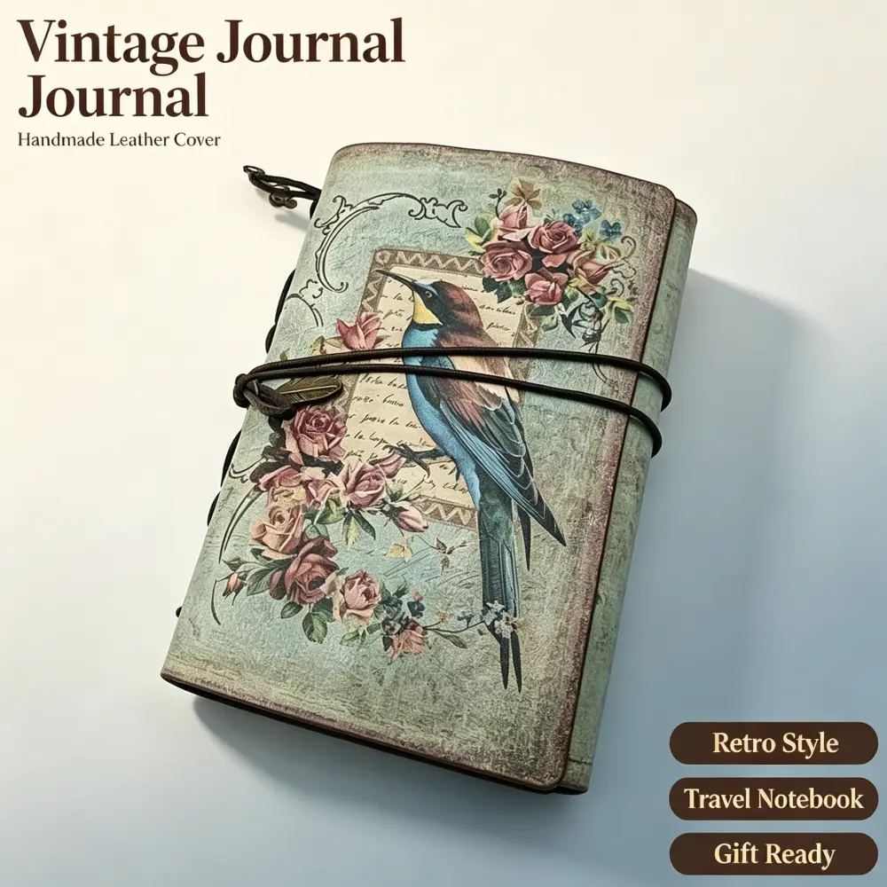 Hardcover Journal - PU Leather Bird-Floral Print Cover, Vintage, Elegant, Compact, Durable, Stylish, Portable, Versatile Office Stationery, Convenient for Personal & On-the-Go Use, Personal Use