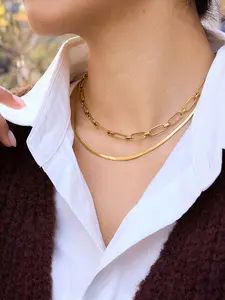 Fashion Stainless Steel Multilayer Necklace For Women Girls Goth Gold Color Clavicle Charm Choker Jewelry Paper Clip Chain Versatile Collarbone Chain Necklace