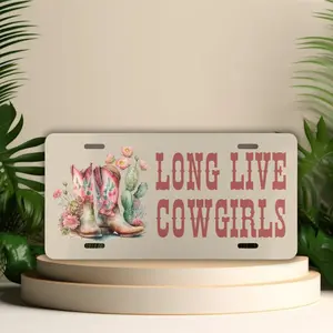 Western Front License Plate, Long Live Cowgirls Car Tag, Watercolor Pink Cowgirl Boots Print, Country Car Decor for Women, Boho Car Stuff