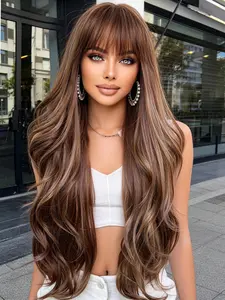 30-Inch Gradient Wavy Hair Wig with Bangs, Natural Heat-Resistant Synthetic Fiber, Beginner-Friendly, Suitable for Daily Wear and Parties