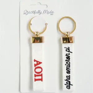Alpha Omicron Pi AOII Officially Licensed Embroidered Keychain with Gold Hardware Double-Sided Sorority Letters & Name Script Charm Sorority