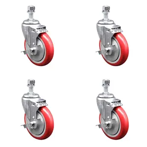 212 MAIN Service Caster SCC-TS20S514-PPUB-RED-TLB-M1215-4 Lockable Polyurethane Swivel Threaded Stem Caster, 5x1.25 in. Red Wheels, 12 mm Stems - Set of 4, Lockable Wheels