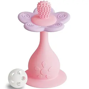 Baby Teething Toy 0–24 Months BPA-Free Silicone Flower Teether & Rattle 360° Gum Relief Toothbrush Nipple-Shaped Soothing Design Hygienic Stand-Up Base Easy-Grip Sensory Toy for Infants