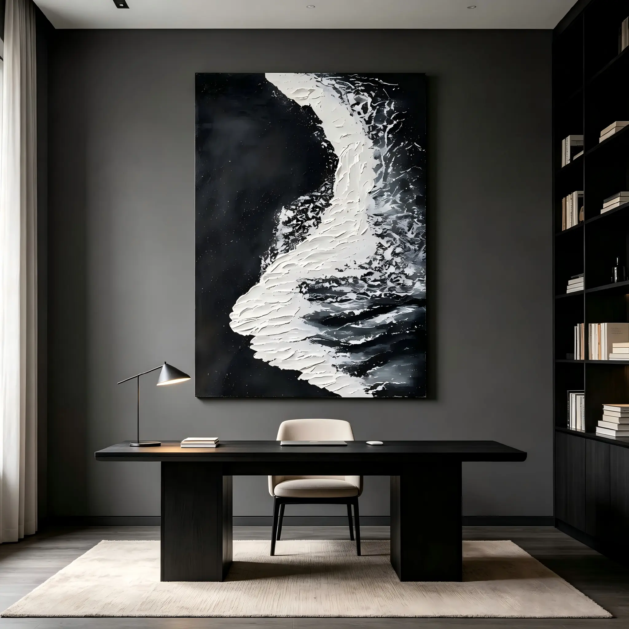 Impasto Ocean Painting, Dramatic Sea Surf Atmospheric Monochrome Art, Gallery‑Worthy Fluid Motion Stretched Canvas, Dark Academia Modern Expressive Textured Painterly Art, Ready To Hang For Hallway, Loft,  Home Interior Minimalist Decor Print Wall