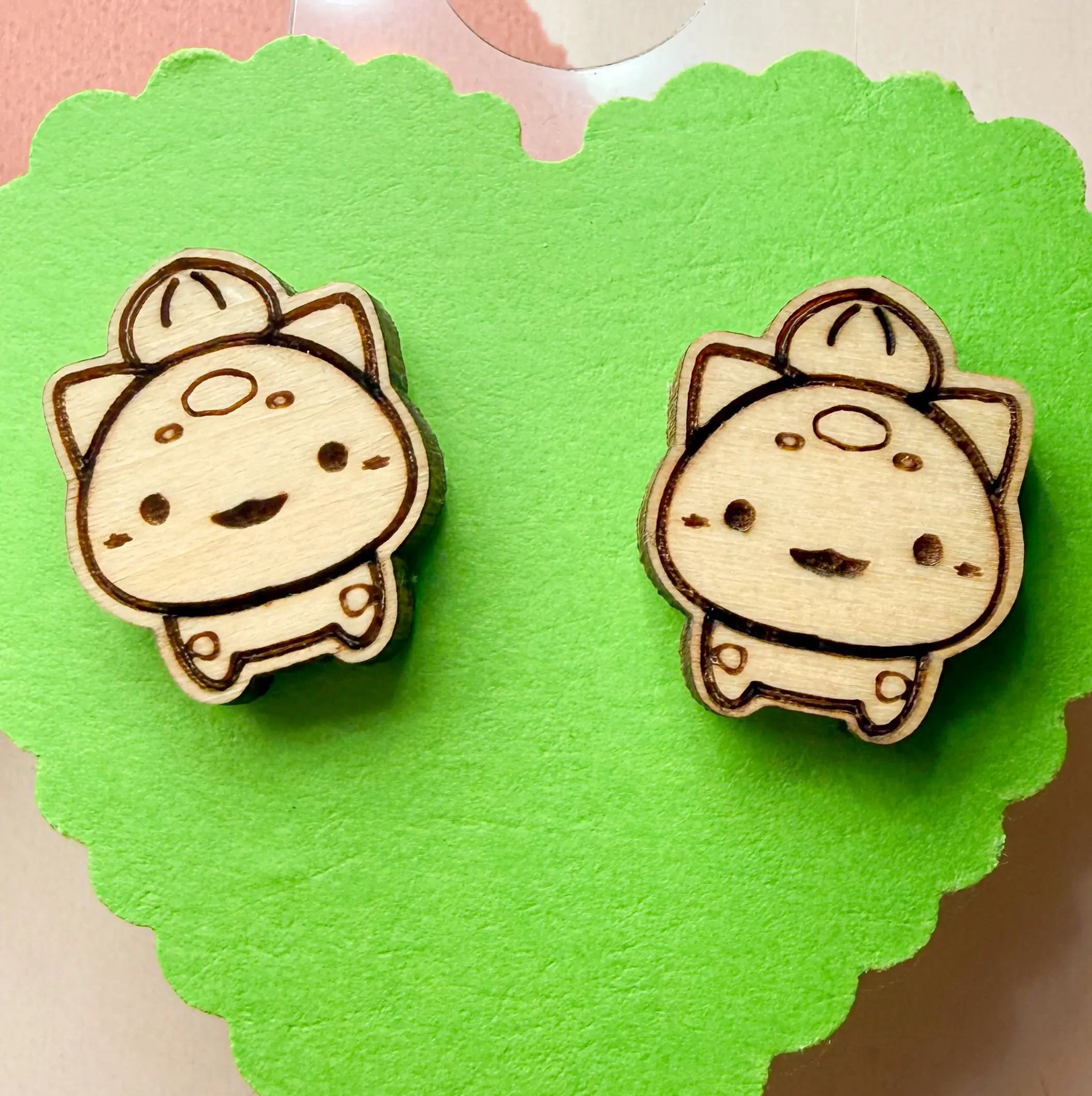 Cute, lightweight wooden stud earrings for sensitive ears, laser cut with plastic backs.
