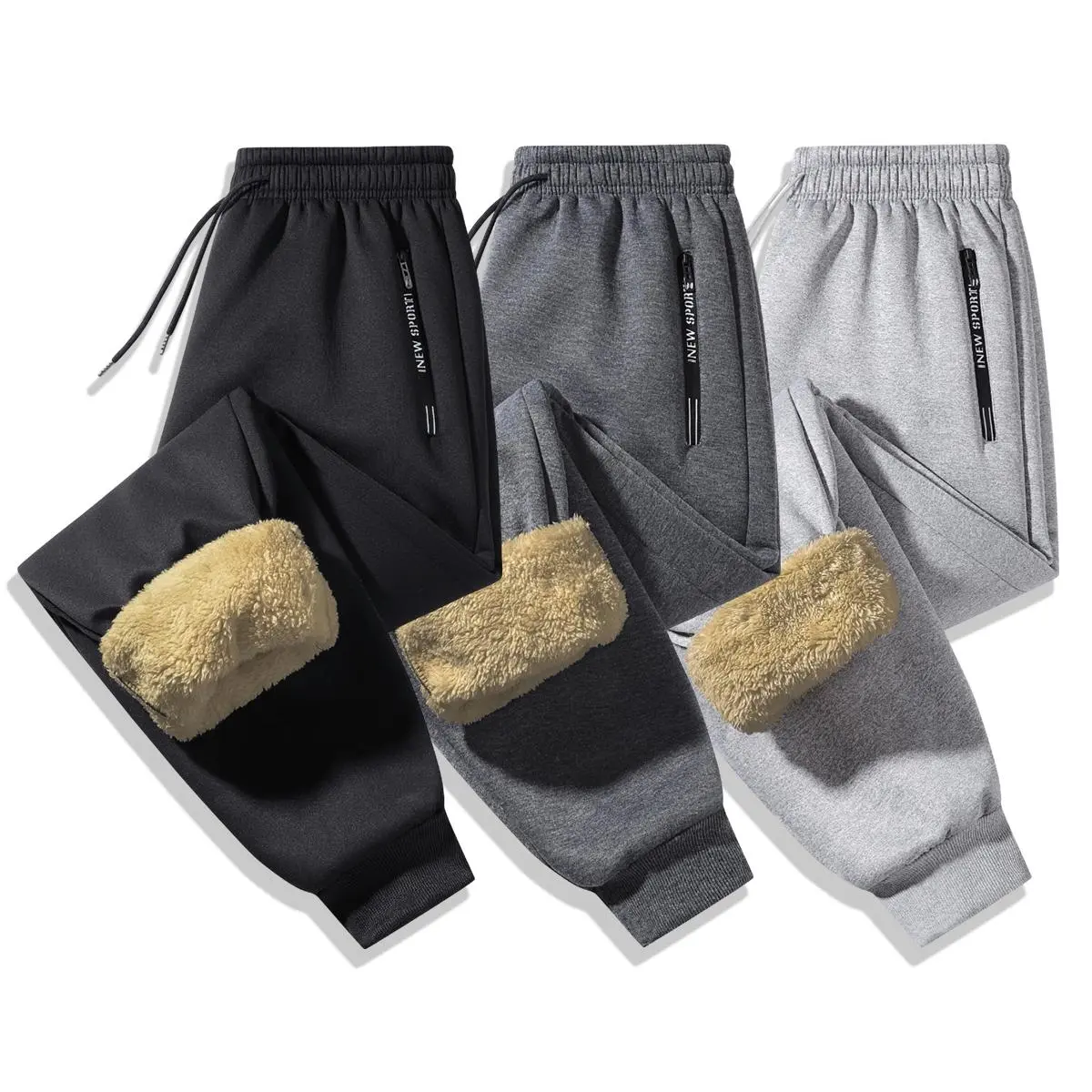 Men's multi piece set of autumn and winter fleece lined sports pants, with elastic waistband drawstring design, zipper pocket, soft and comfortable warm lamb fleece lined pants, ankle binding nude casual sports pants, street style fitness sports pants