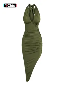 Women's Ruched Asymmetrical Hem Chic Party Dress, Backless Halter Midi Bodycon Dresses for Ladies Homecoming, Summer Outfits 2024, Summer Clothes Holiday Outfit Womenswear
