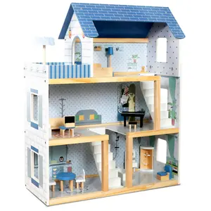 Lil' Jumbl Kids Wooden Dollhouse, 17-Piece Accessories & Furniture are Included, with Balcony & Stairs, 3 Story Easy to Assemble Doll House Toy - Blue