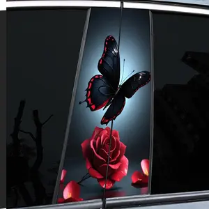 2 pieces, car sticker, car post sticker - butterfly red rose pattern vinyl car sticker - B window post sticker, self-adhesive waterproof and scratch-proof, suitable for glass, metal, plastic, ceramic, wood surfaces - car decoration