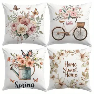 4pcs Spring Pillow Covers 18x18 Inch Polyester Fresh Flower Hello Spring Throw Pillow Covers Butterfly Blooming Flowers Spring Summer Farmhouse Decorations Watering Can Bike Pink Spring Cushion Covers for Sofa Couch