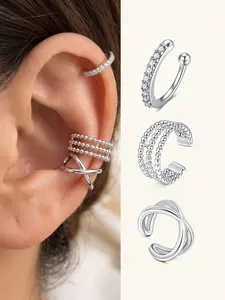 3pcs Shiny Cubic Zirconia Chain Clip Earrings Set, Multi-Layer Stacking Earrings, No Piercing Required Adjustable Earring Cuffs Suitable For Women Daily, Date, Party Wear