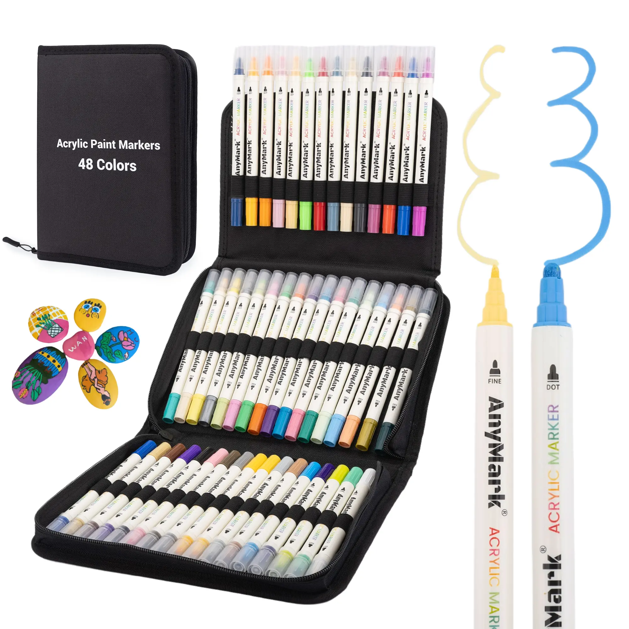 AnyMark Acrylic Paint Markers, Dual Tip Acrylic Paint Pens with Dot & Fine Tip, Premium Paint Markers for Coloring, Canvas, wood, Stone, Rock Painting, Glass