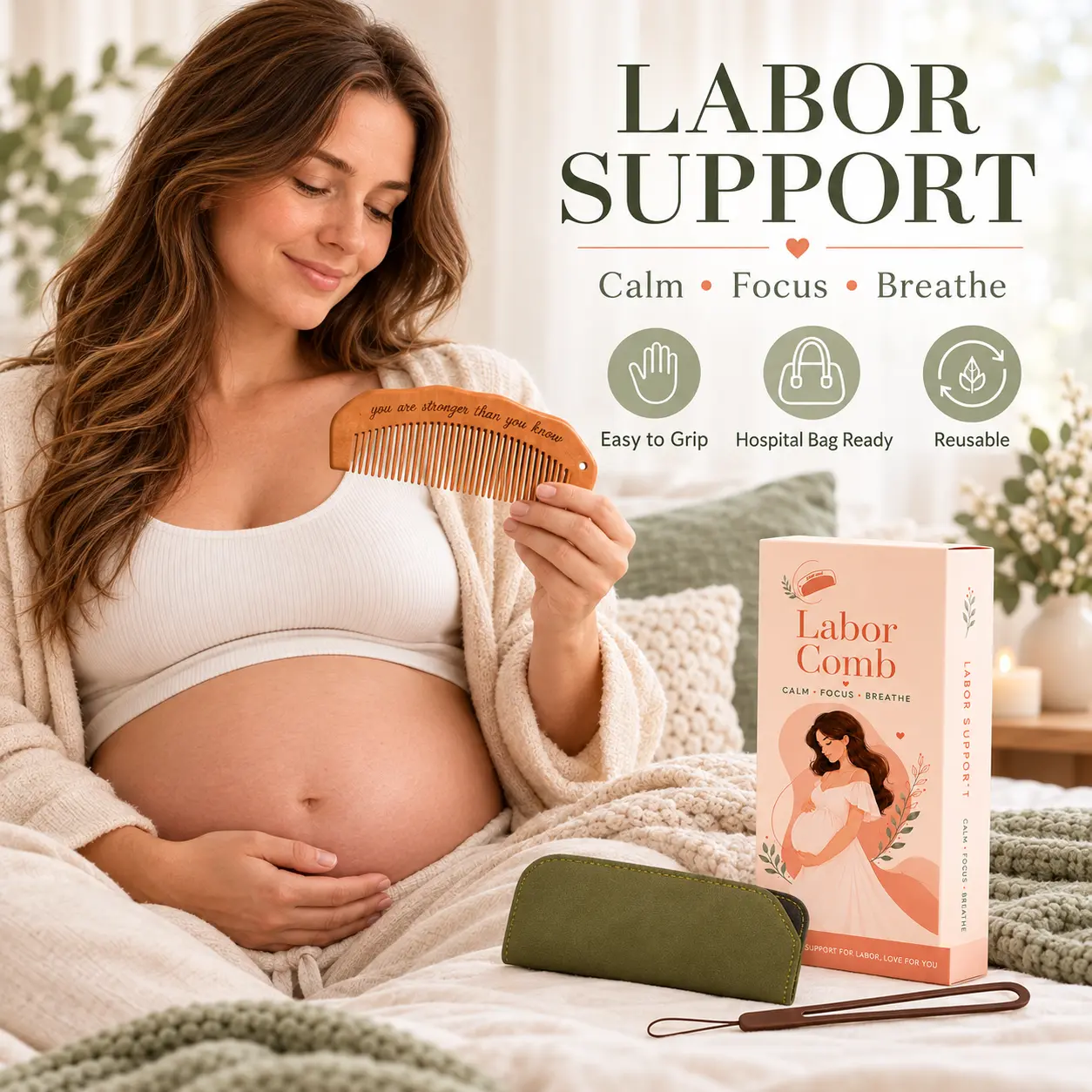 Labor Comb for Labor and Delivery, Wooden Birth Comb with Storage Pouch and Wrist Strap, Pregnancy Essentials for Hospital Bag, Baby Shower Gift for Mom to Be
