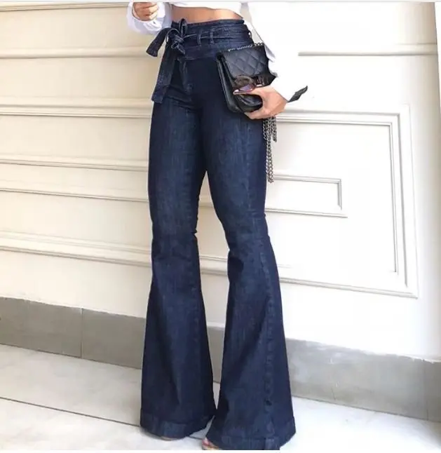 Women's High-Waisted Tie Denim Jeans - Minimalist Retro Vintage Vibe, Loose Wide-Flared Legs, Leg-Flattering Fit, Dark Blue, Lake Blue, Preppy, Wide Flare, 2000S Jeans, Simple, Tummy Control Jeans, Early 2000S Aesthetic, High Waisted Wide Leg Jeans