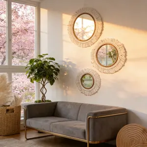 Handmade Bohemian Style Acrylic Wall Mirror with Fringe Decor, Rustic Natural Wall Decoration for Living Room Bedroom Bathroom