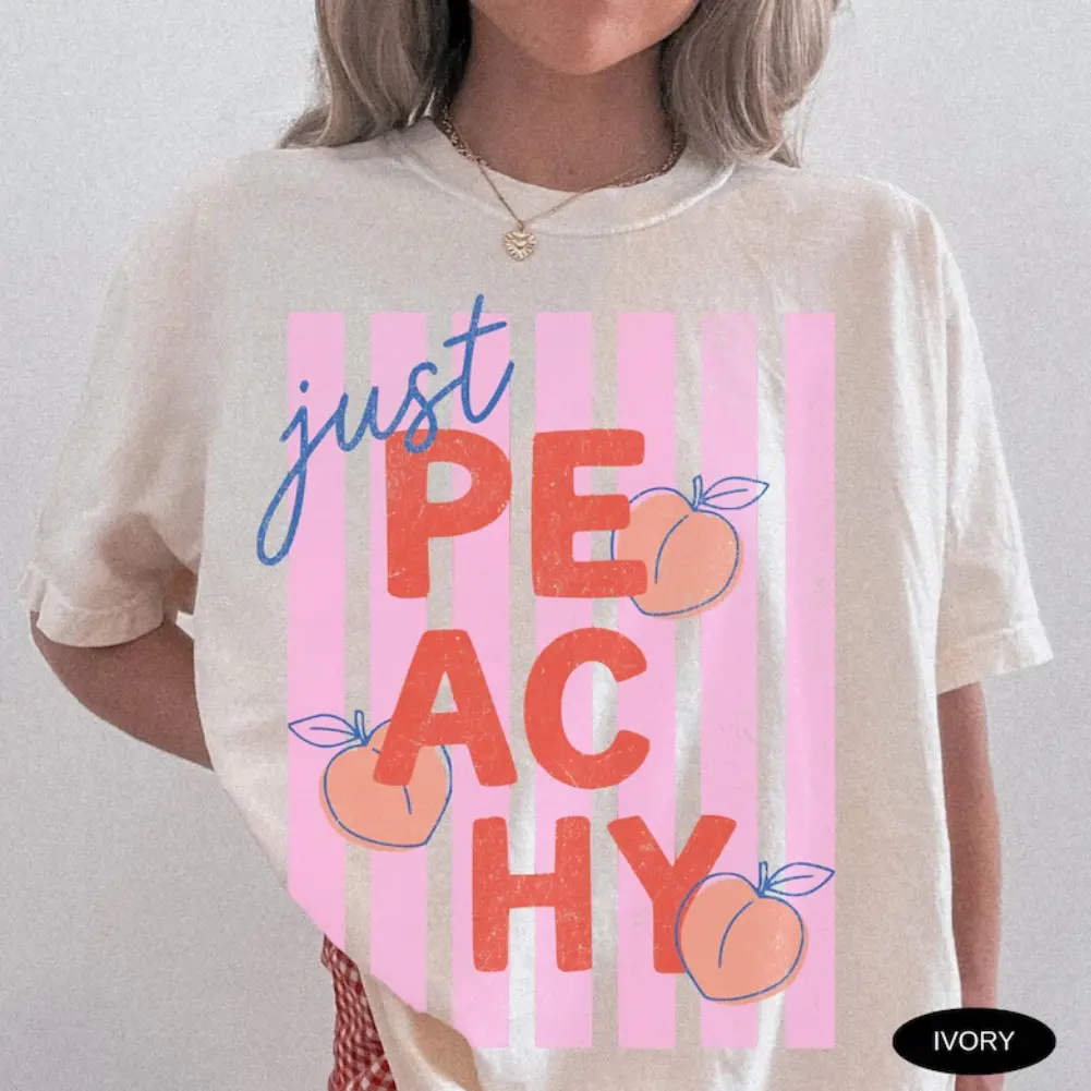 Just Peachy Shirt, Retro Peach Graphic Tee, Cute Summer Fruit T-Shirt, Pink Striped Aesthetic Shirt, Funny Food Pun Tee, Peach Lover Gift, Cottagecore Summer Apparel Gift for Men Women, Crew Neck T-shirt, Trending T-shirt
