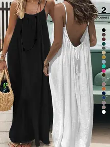 2026 Women's Plain Backless Long Dress Sleepwear Loungewear, Elegant Sleeveless Loose-Fitting Adjustable Home Clothes, All Seasons Casual Wear