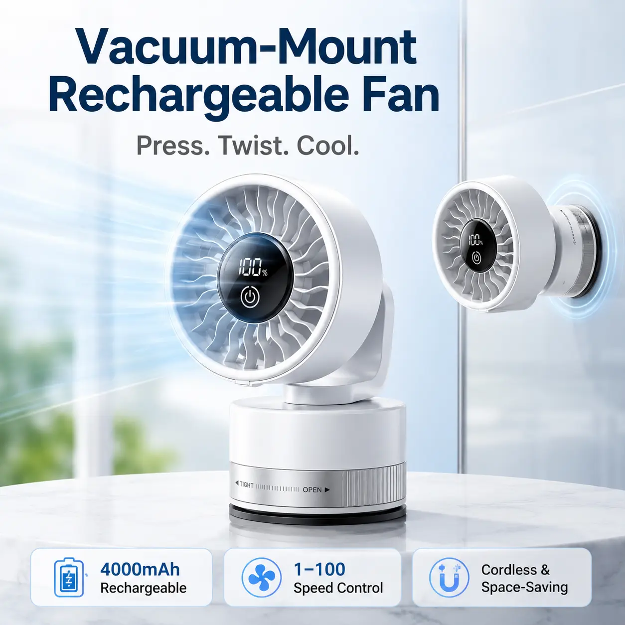 Vacuum-Mount Rechargeable Fan 4000mAh USB Type-C Portable Mini Size with Strong Suction Base & LED Digital Display for Home Office Bedroom Car RV Travel