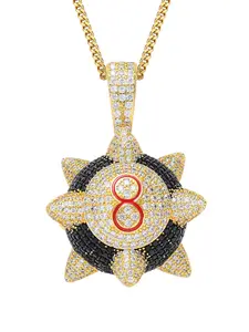 18K Gold Plated Iced Out Spike 8 Ball Pendant Necklace, Full CZ Cubic Zirconia Bling Hip Hop Billiards 8 Ball Necklace with Cuban Chain for Men Women Rapper Jewelry