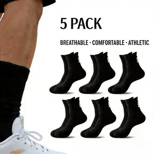 5 Pairs Men's Performance Basketball Crew Socks, Thick Cushioned Anti-Slip Athletic Socks, Odor Resistant Breathable Compression Socks for Basketball, Running, Gym Training