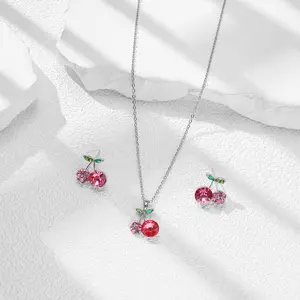 3Pcs Elegant Women Red Cherry Earrings & Necklace Set Luxurious 925 Silver Plated Necklace Inlaid Shiny Red Cubic Zirconia Ear Stud Vibrant Cherry Pendant Party, Proms, Music Festivals, And Holiday Wear Accessories Vacation Travel Beach Jewelry
