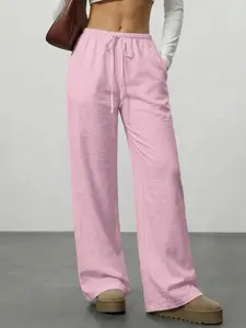 Women Summer Daily Loose Casual Style Textured Fabric Drawstring Wide Leg Fit Pants Home Outdoor City Regular Trendy Casual Elegant Youthful Simple Versatile Textured Stylish Artsy