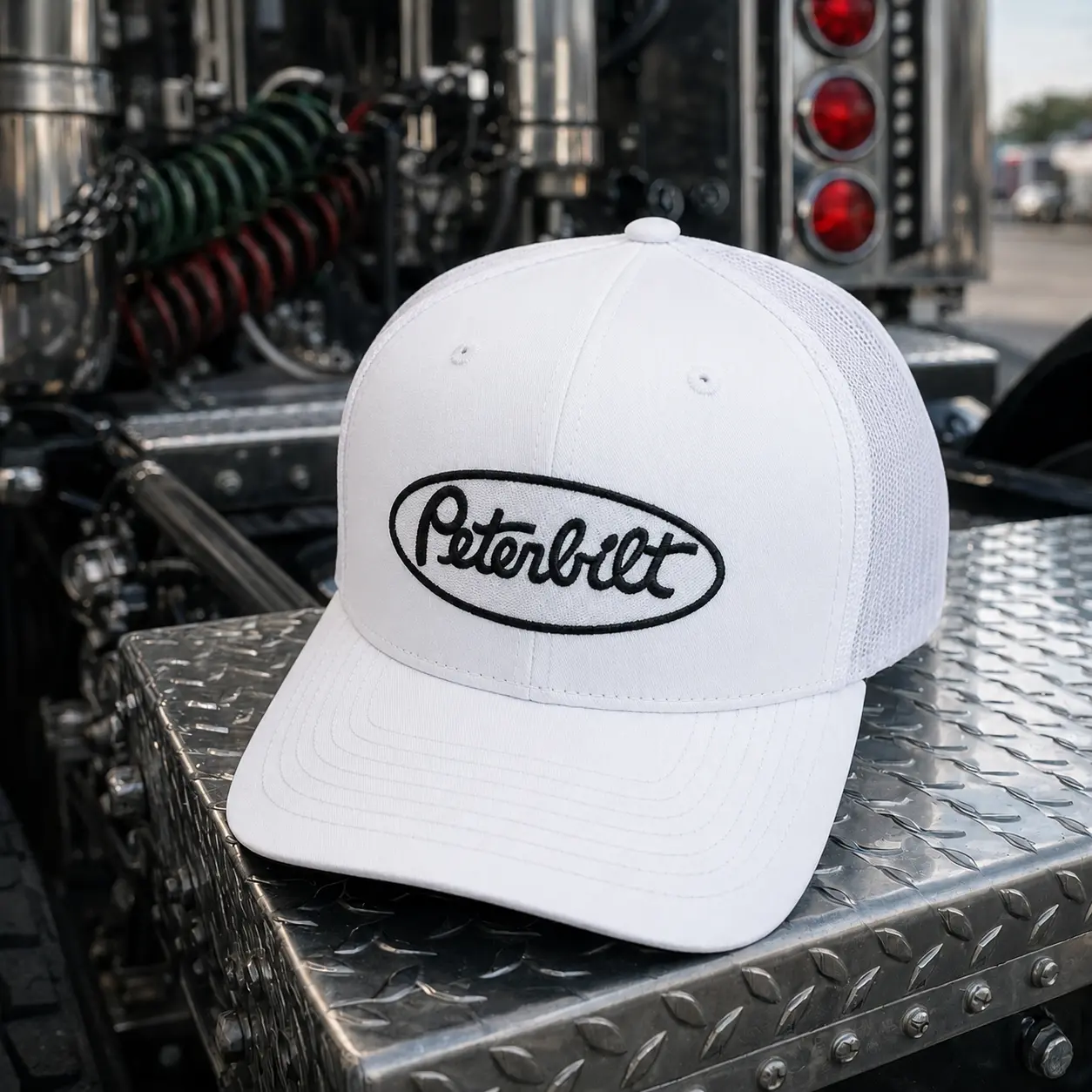 Peterbilt White Patch Trucker Hat, Black Mesh Snapback Cap, Embroidered Patch Hat, Semi Truck Driver Gift, Big Rig Enthusiast Adjustable Cap